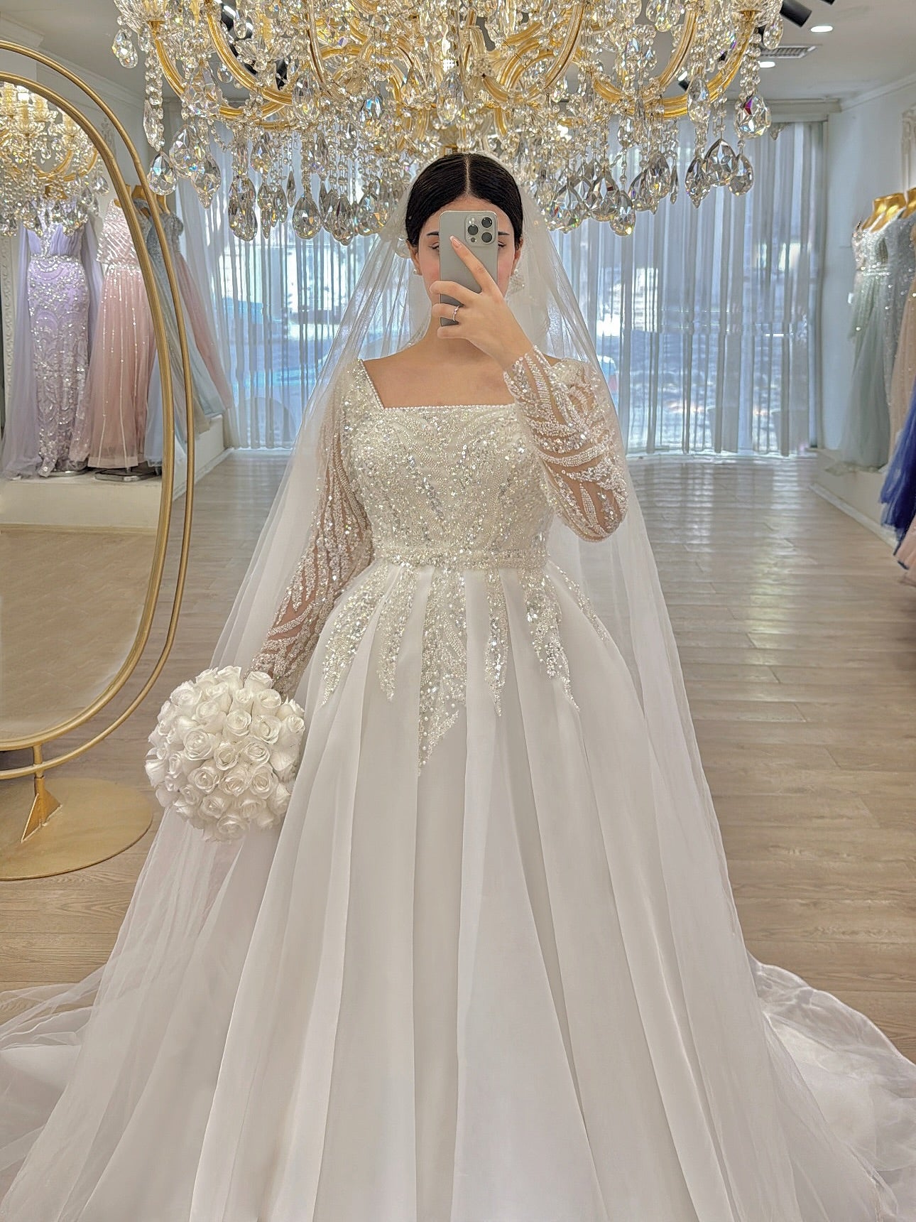 Square Neck Long Sleeve Beaded Ball Gown Wedding Dress