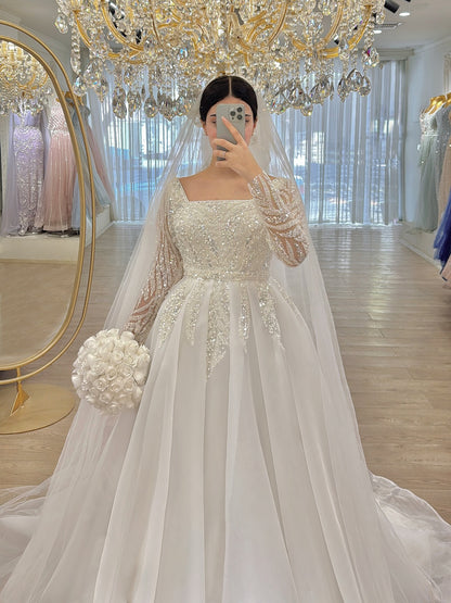 Square Neck Long Sleeve Beaded Ball Gown Wedding Dress