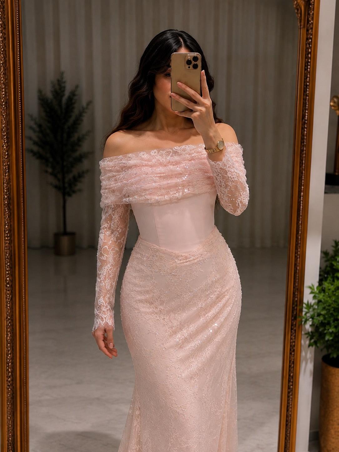 Off-the-Shoulder Lace Mermaid Gown with Long Sleeves