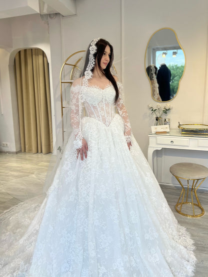 Off-Shoulder Lace Corset Ball Gown Wedding Dress