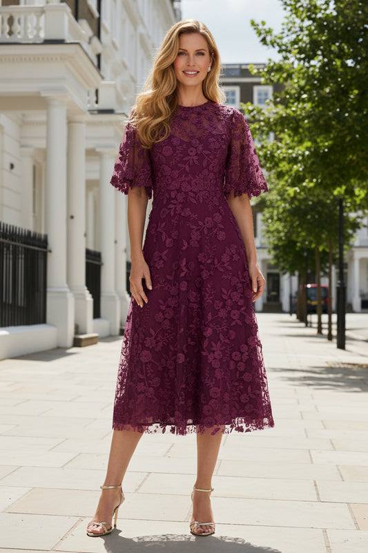 Floral Embroidered Lace A-Line Midi Dress