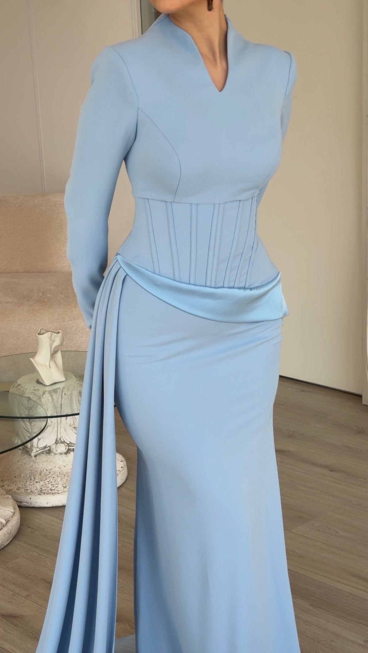 Corset Waist Long Sleeve Gown with Side Drape
