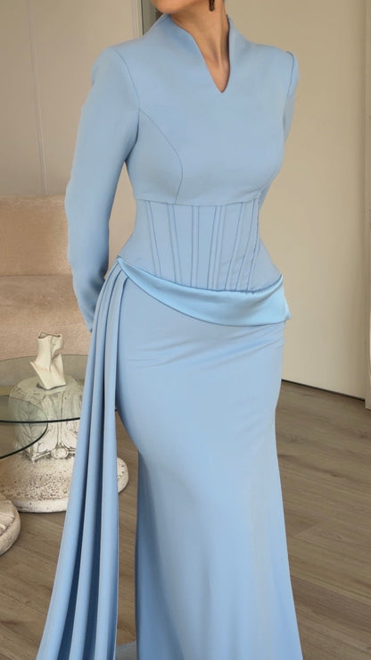 Corset Waist Long Sleeve Gown with Side Drape