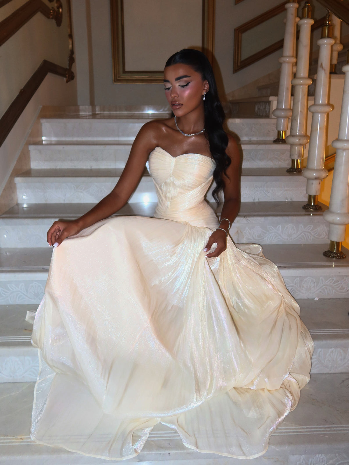 Strapless Ruched Bodice Shimmer Evening Gown