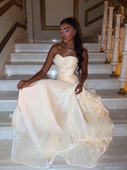 Strapless Ruched Bodice Shimmer Evening Gown