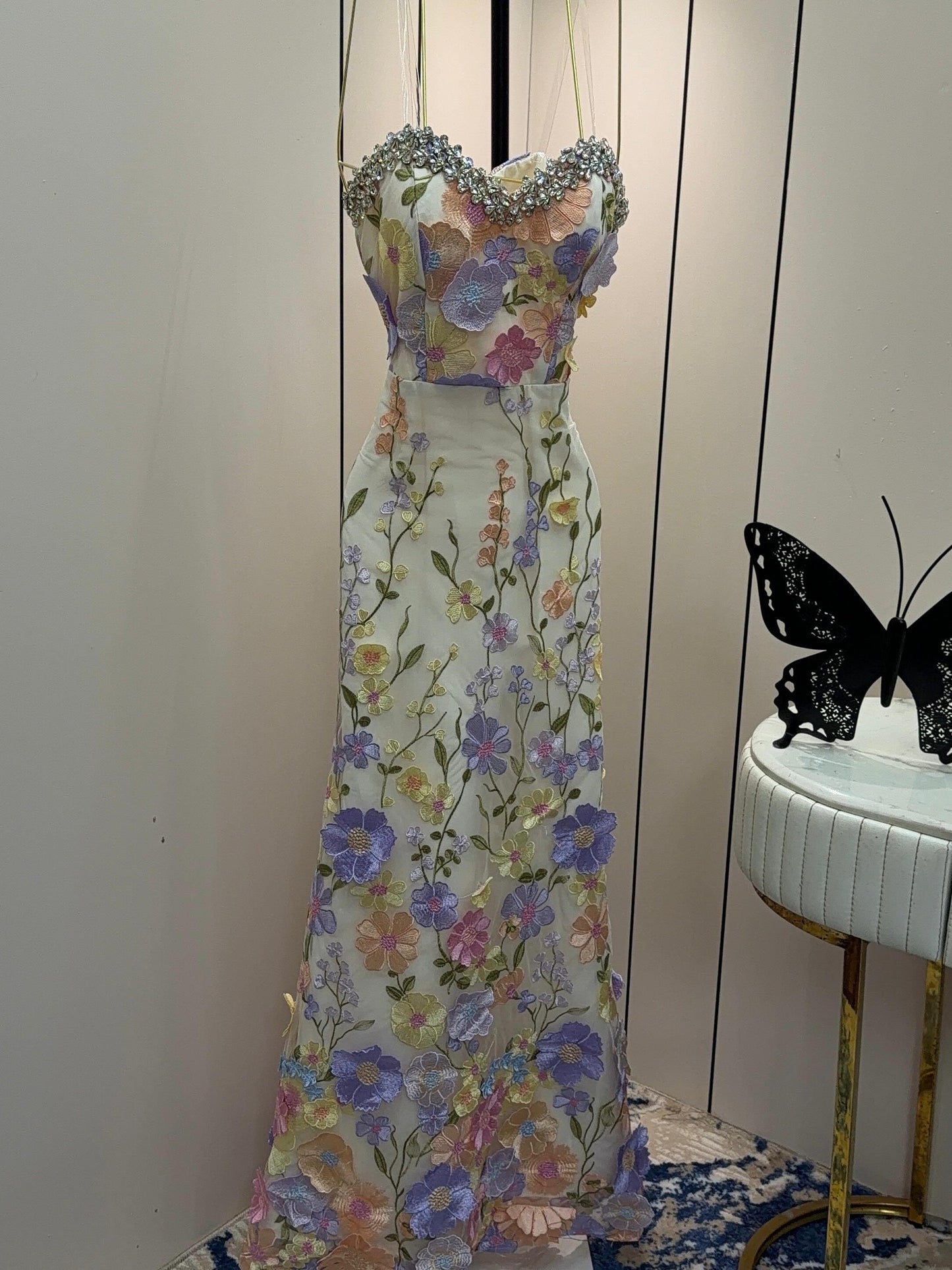 Floral Embroidered Corset Mermaid Gown with Pearls