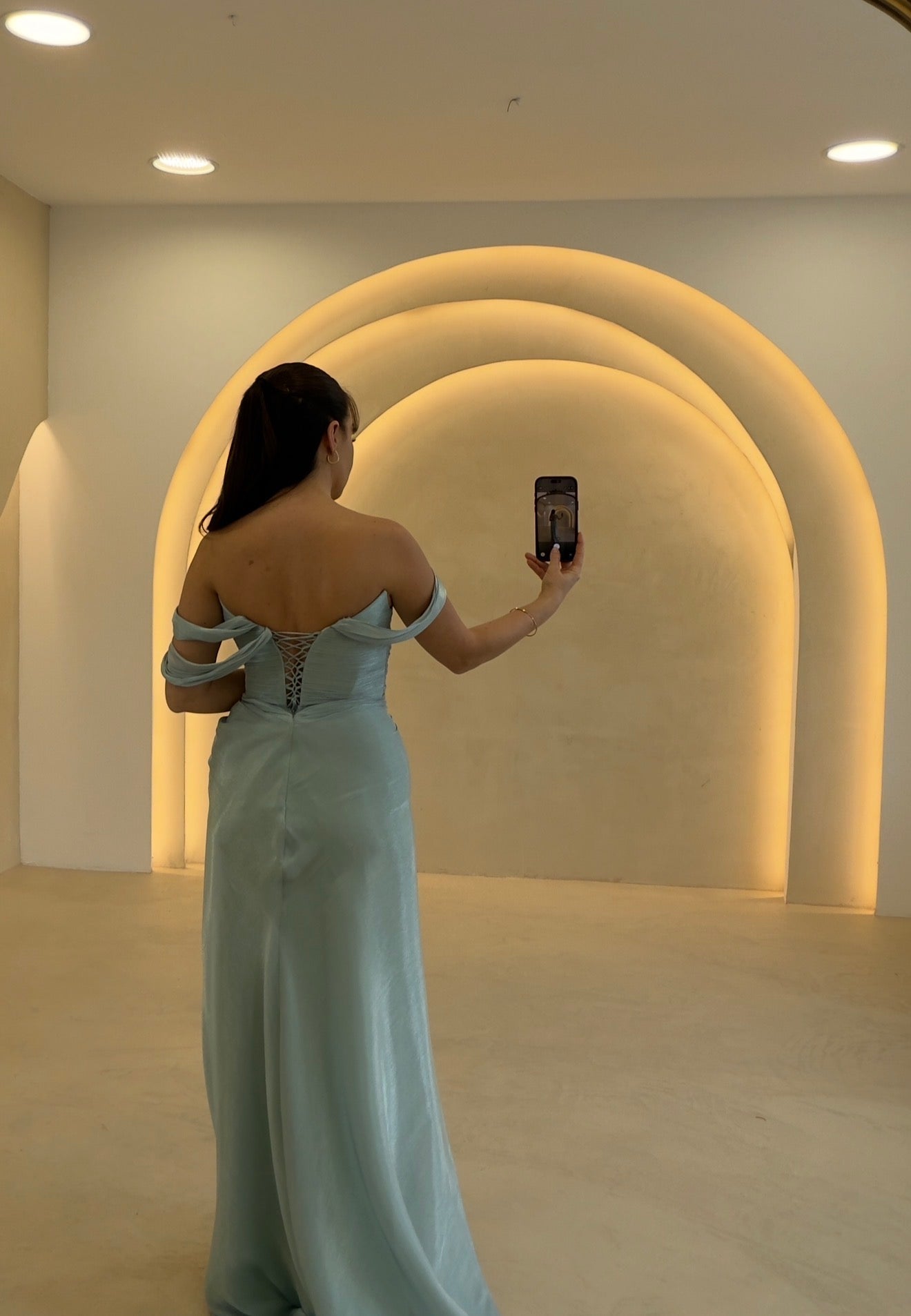 Off-the-Shoulder Draped Evening Gown with Corset Back