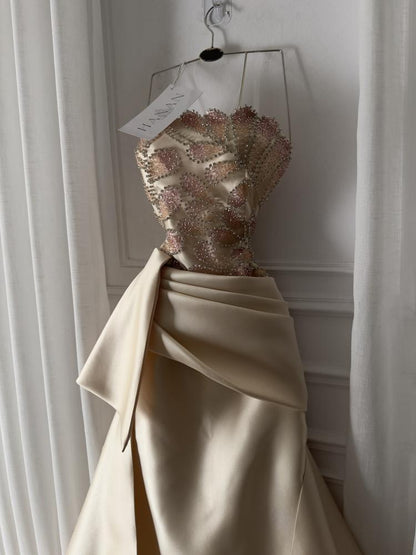 Strapless Beaded Satin Mermaid Evening Gown