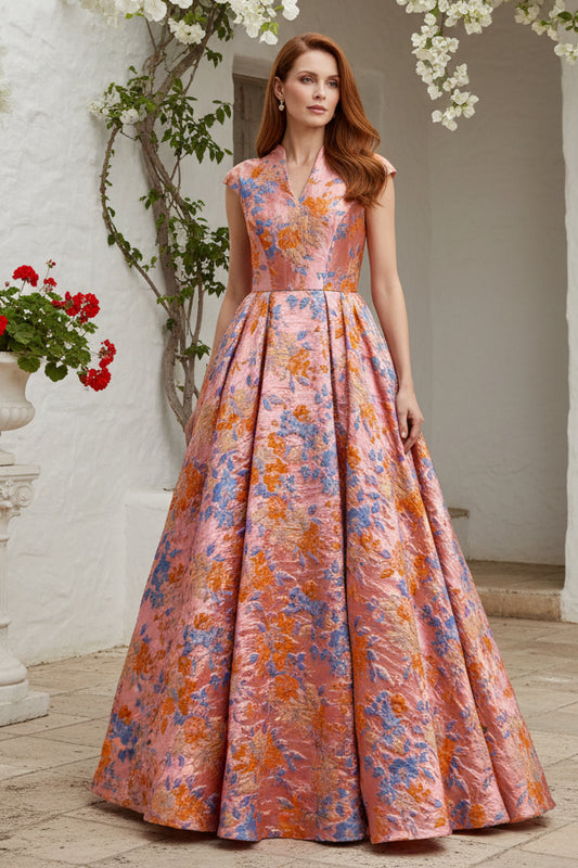 Floral Jacquard Pleated A-Line Ball Gown