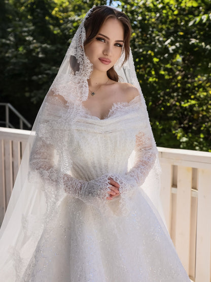 Off-the-Shoulder Long Sleeve Lace Ball Gown