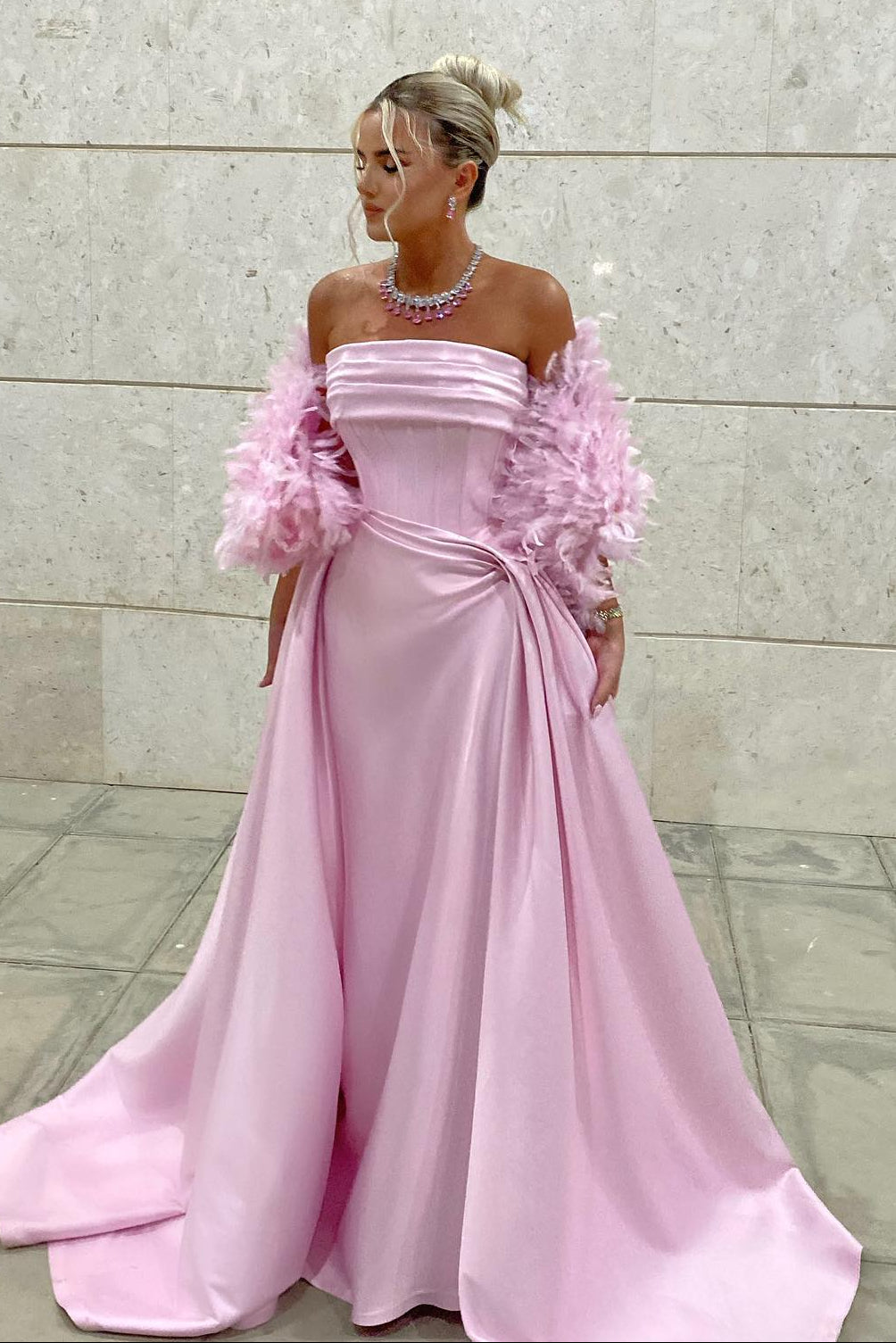 Strapless Corset Satin Gown with Feather Shawl