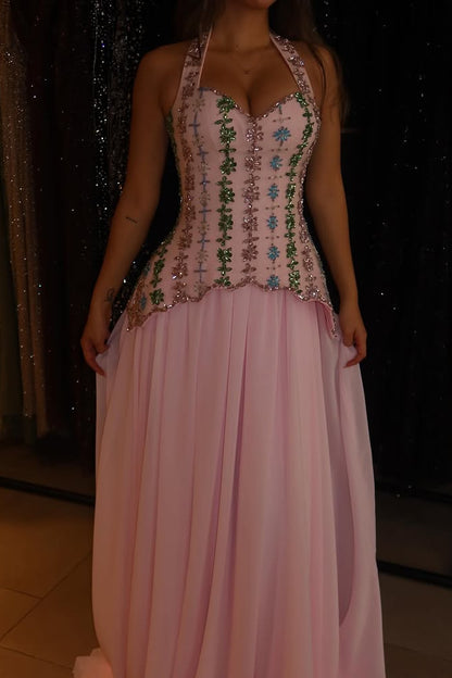 Halter Neck Beaded Corset Evening Gown