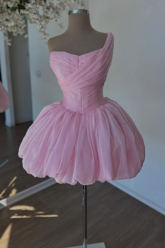 One-Shoulder Ruched Bubble Skirt Mini Dress