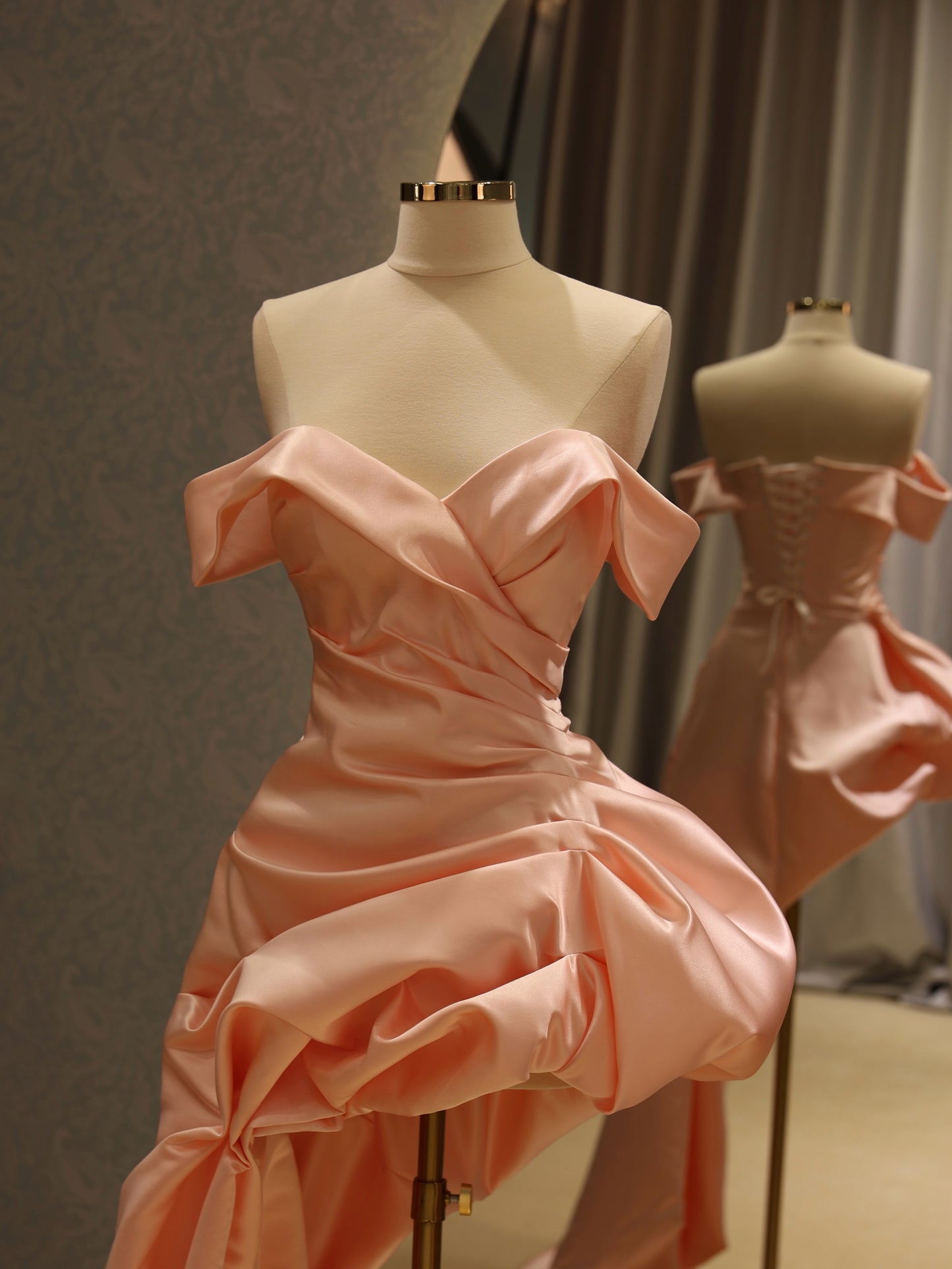 Asymmetric Draped Satin Evening Gown with Train