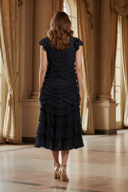 Tiered Ruffle Midi Dress with Flutter Sleeves