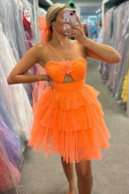 Tiered Tulle Halter Mini Dress with Cut-Out