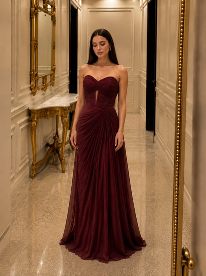 Strapless Pleated Gown with Cape & High Slit