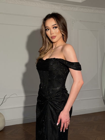 Off-the-Shoulder Glitter Corset Gown with Slit