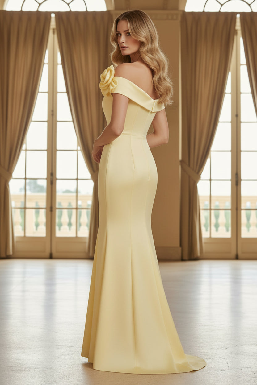Off-Shoulder Mermaid Gown with 3D Floral Shoulder Detail