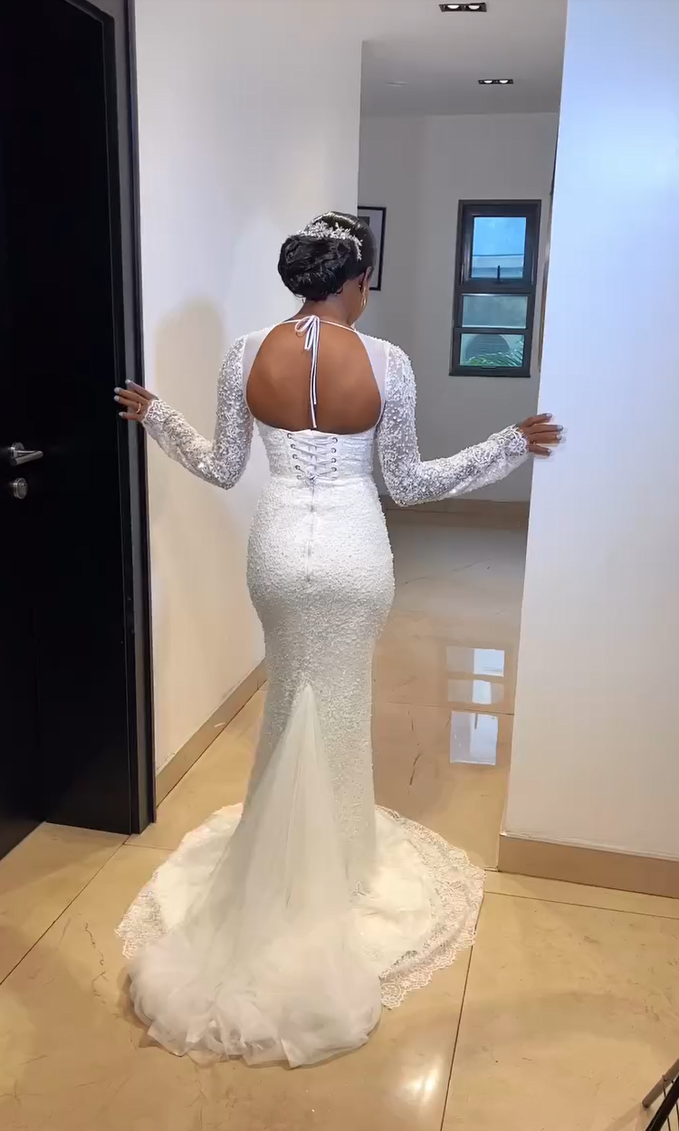 Long Sleeve Sequin Mermaid Wedding Dress with Corset Back