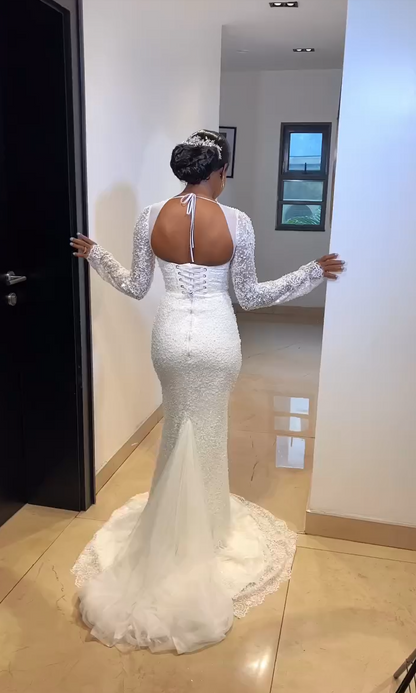 Long Sleeve Sequin Mermaid Wedding Dress with Corset Back