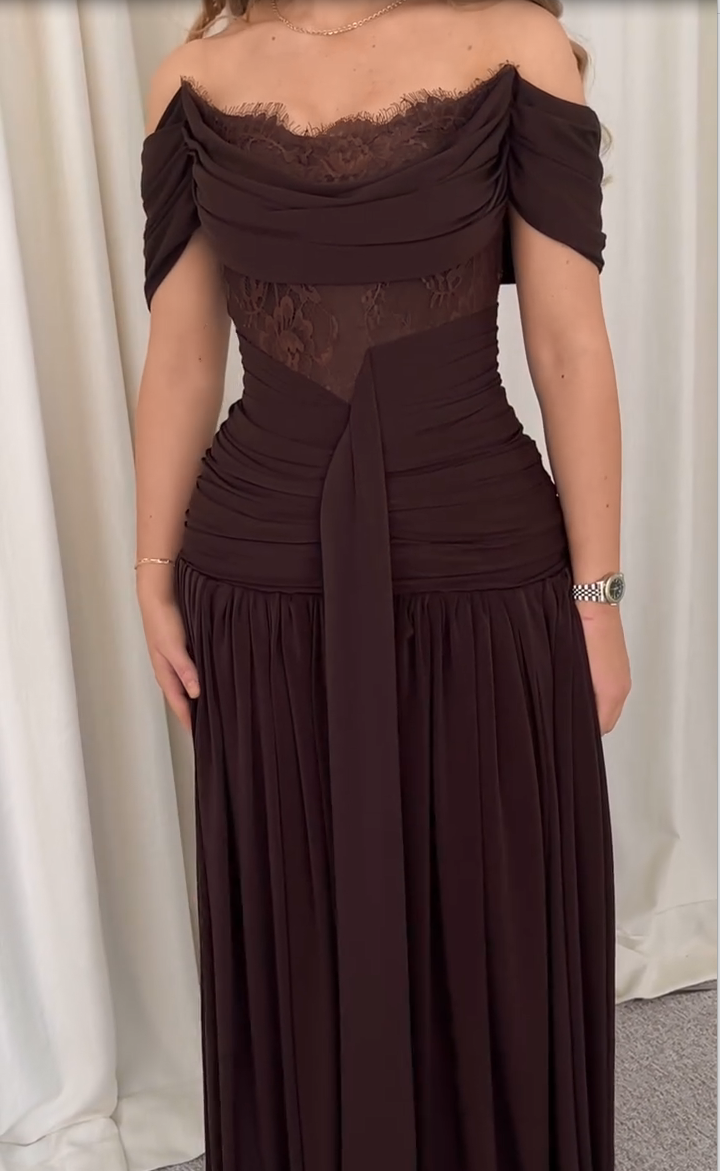 Lace Inset Off-the-Shoulder Ruched Gown