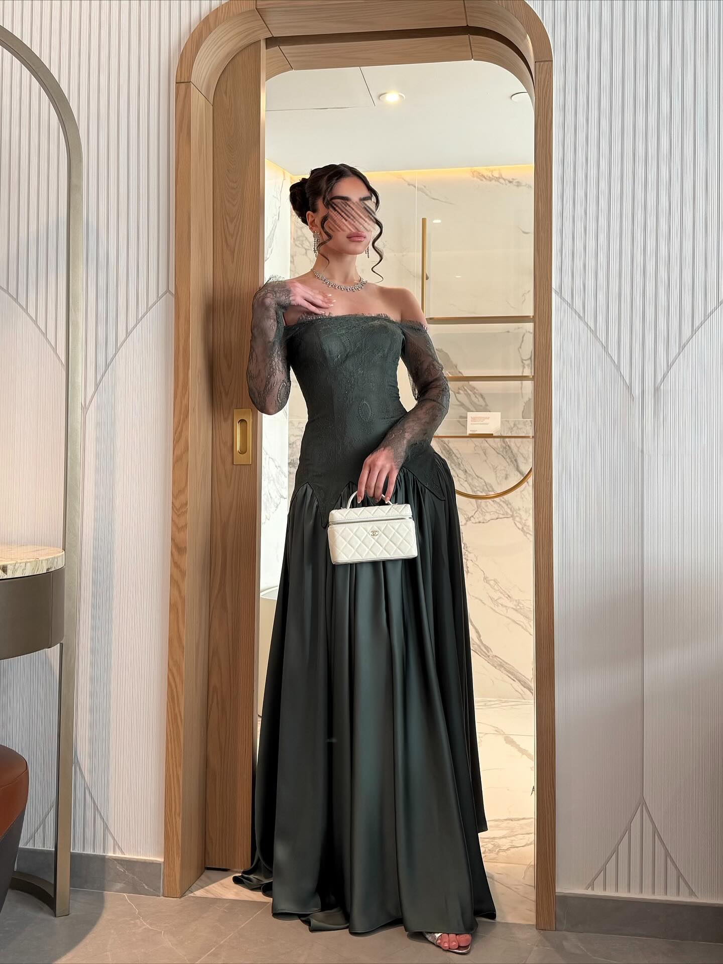 Off-Shoulder Lace Sleeve Satin Evening Gown