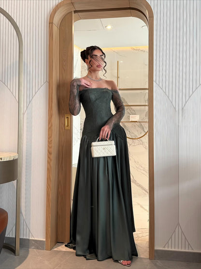 Off-Shoulder Lace Sleeve Satin Evening Gown