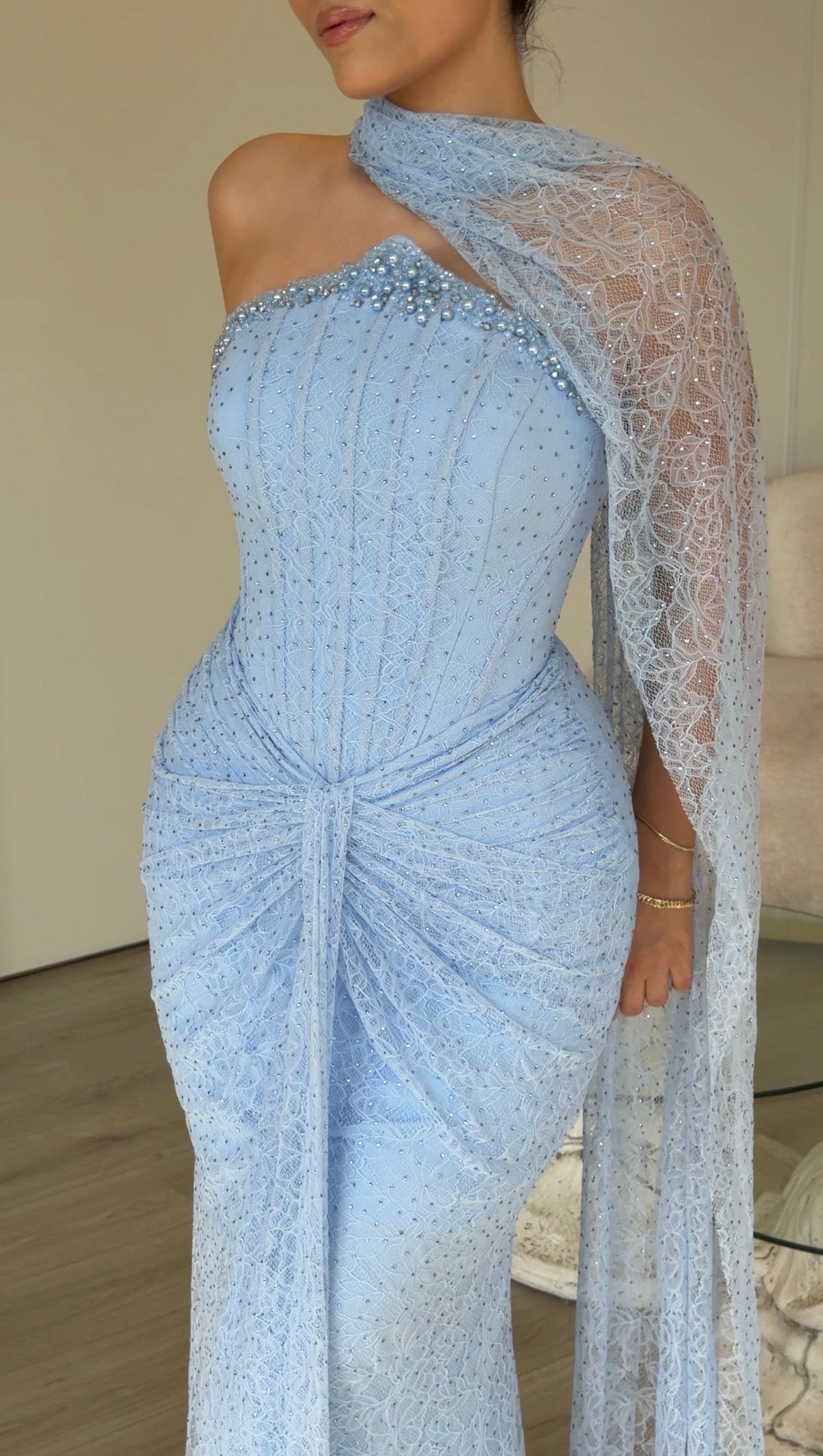 Corset Lace Gown with One-Shoulder Cape Drape