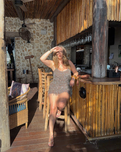 Beaded Fringe Backless Mini Dress