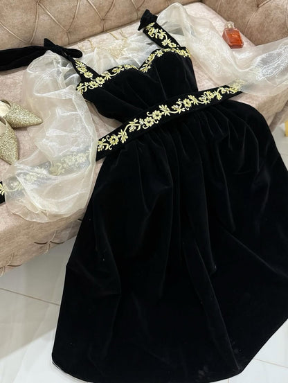 Embroidered Velvet Gown with Sheer Sleeves