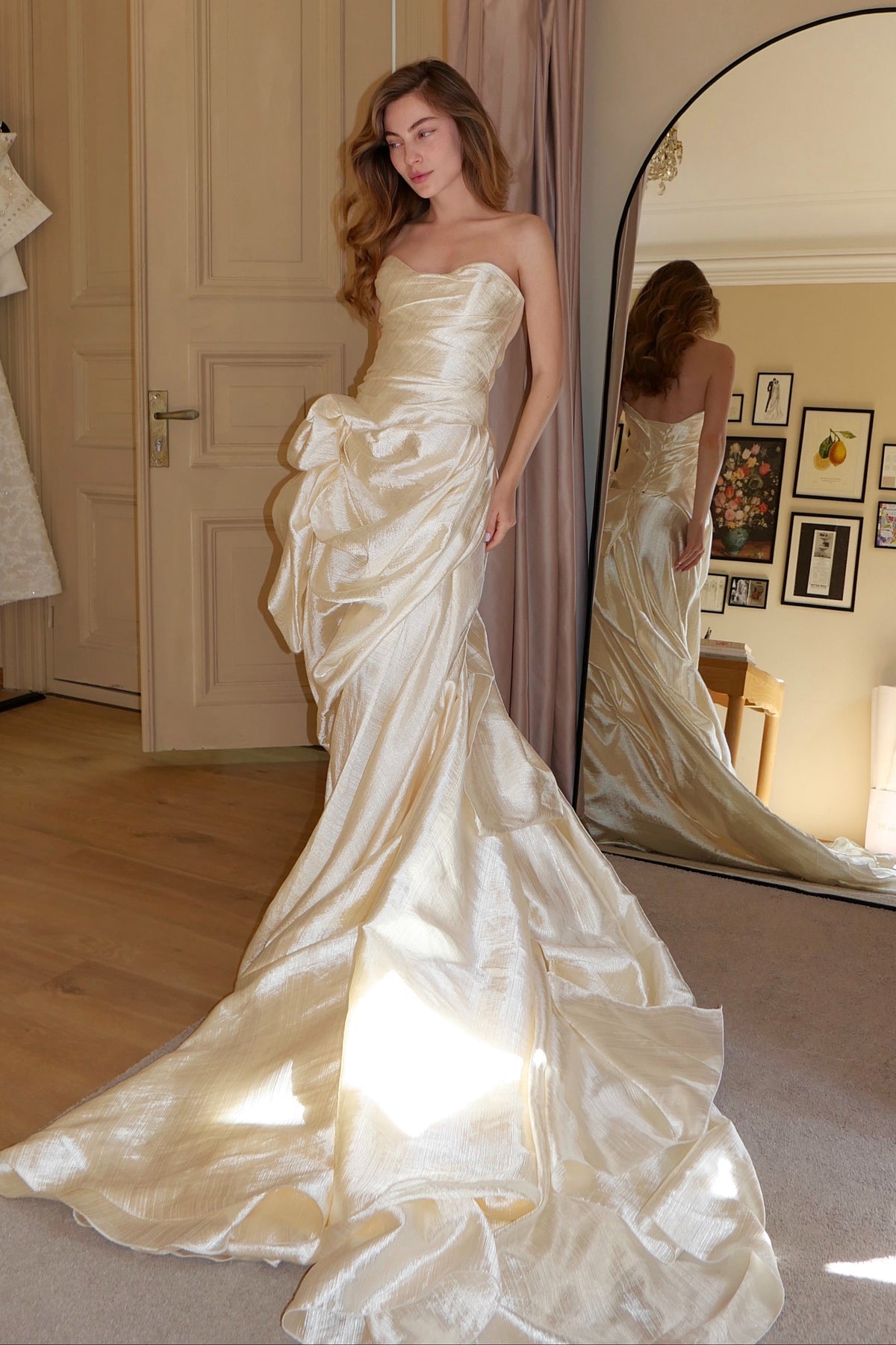 Strapless Ruched Gown with Side Draping