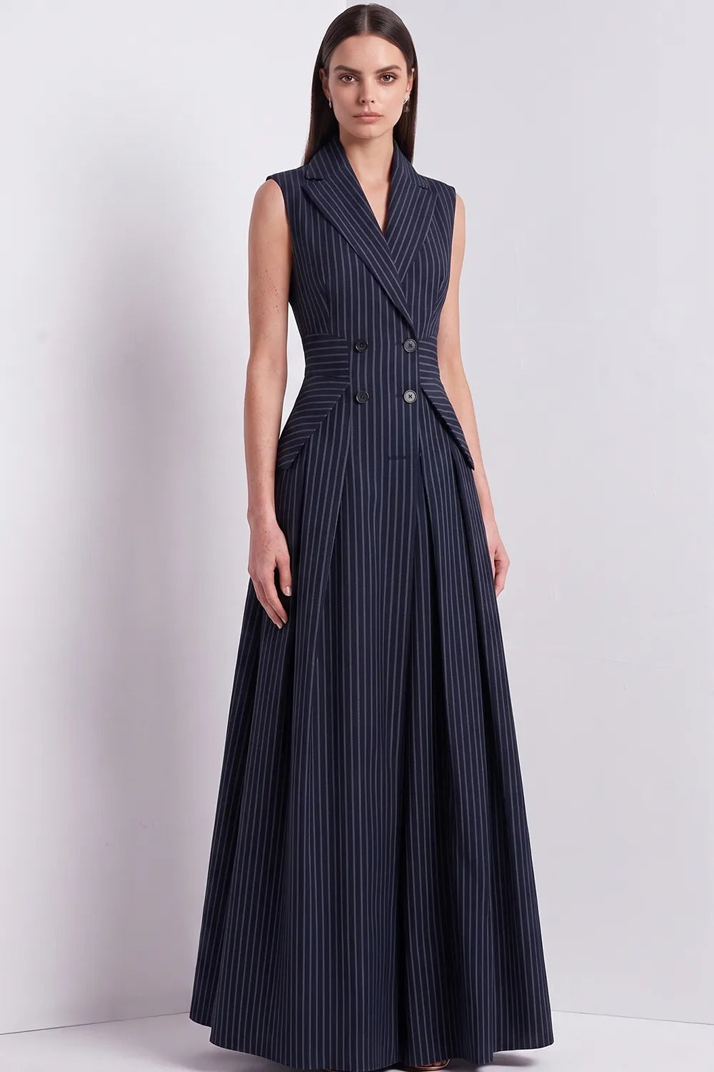 Pinstripe Double-Breasted Sleeveless Maxi Dress