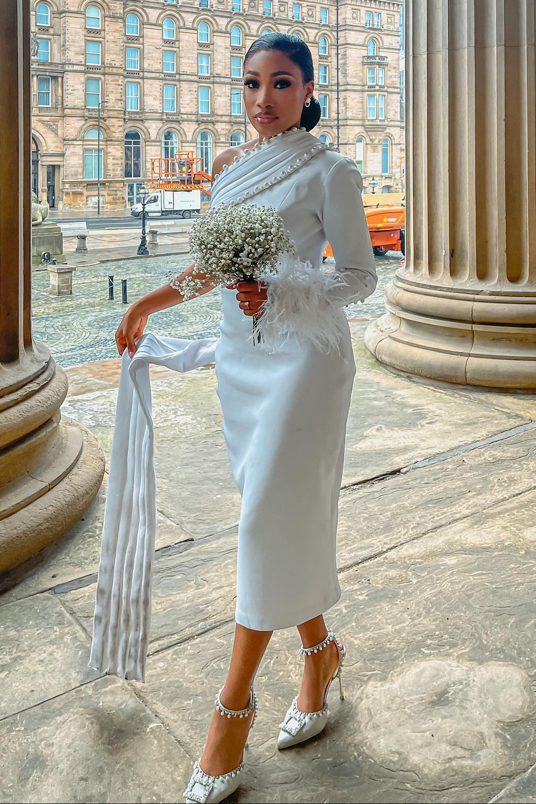 One-Shoulder Midi Wedding Dress with Feather Cuff