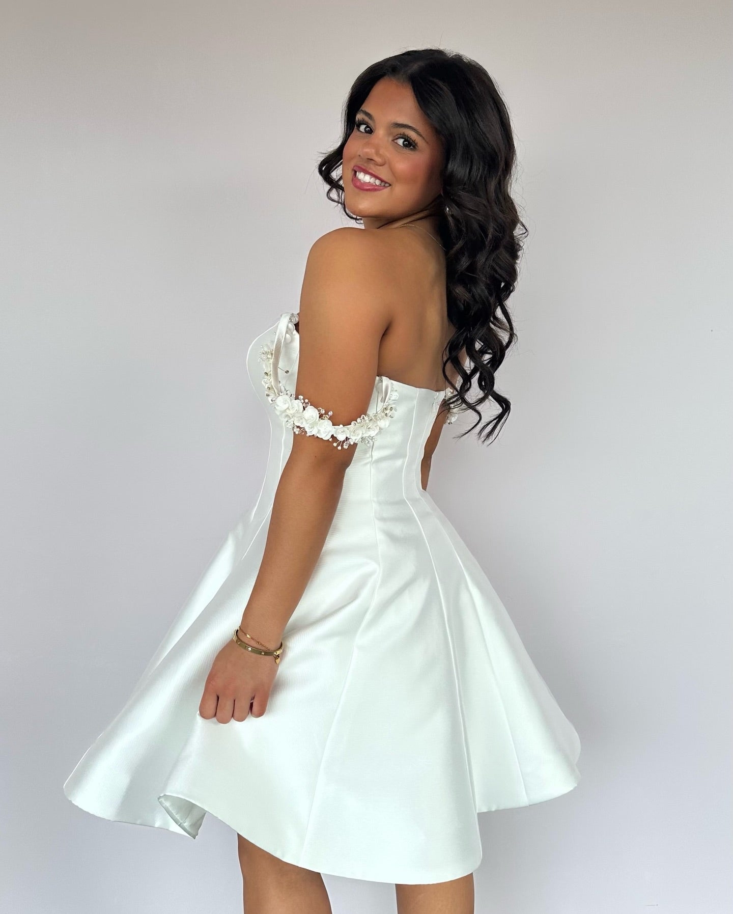 Off-the-Shoulder Satin A-Line Short Dress