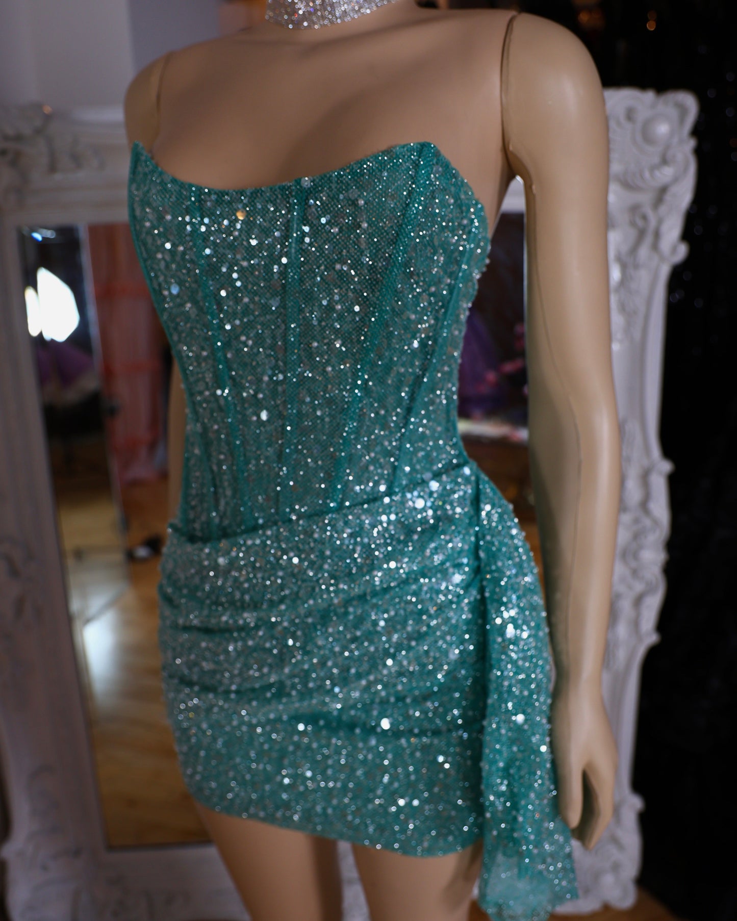 Strapless Corset Sequin Mini Dress with Asymmetrical Drape