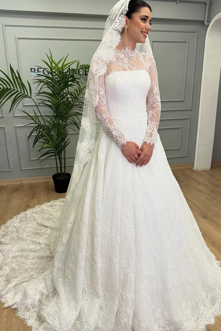 Lace Illusion Long Sleeve A-Line Wedding Dress