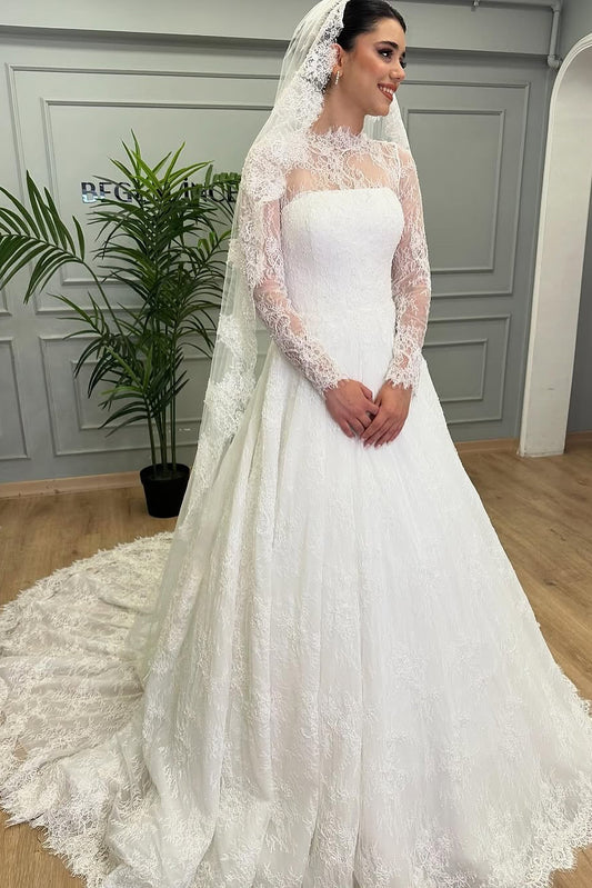 Lace Illusion Long Sleeve A-Line Wedding Dress