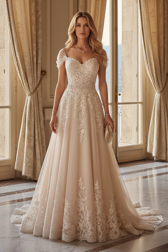 Lace Applique A-Line Gown with Cap Sleeves