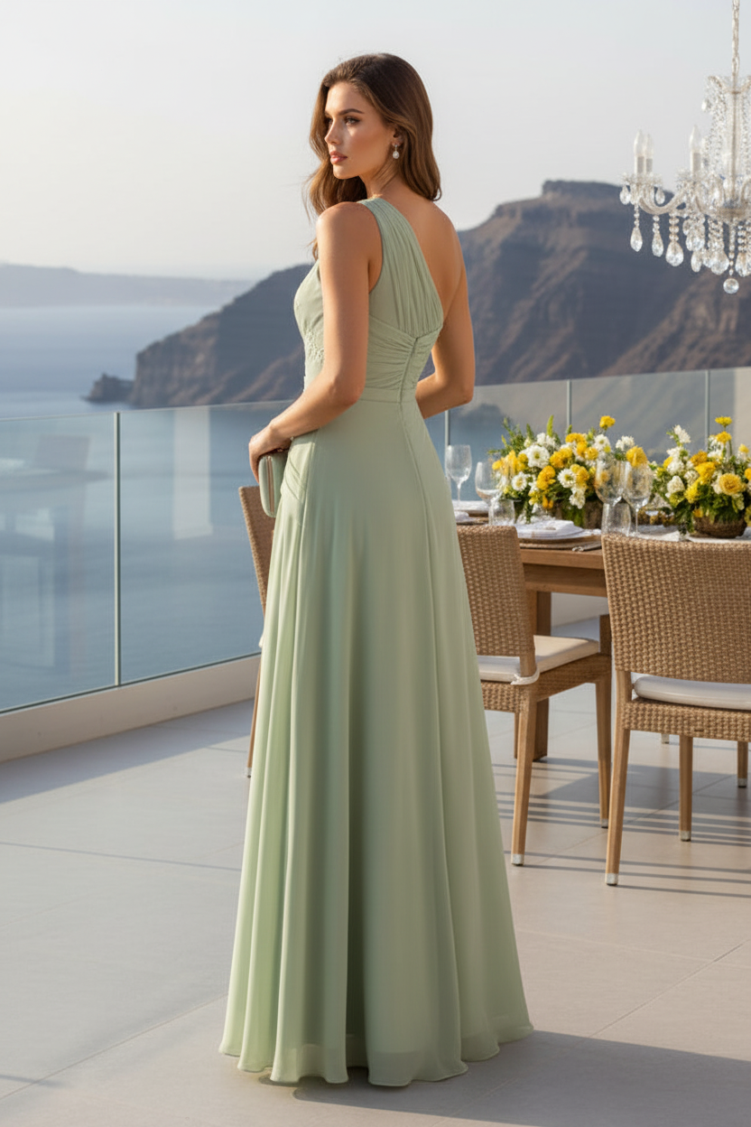 One-Shoulder Pleated A-Line Gown with Lace
