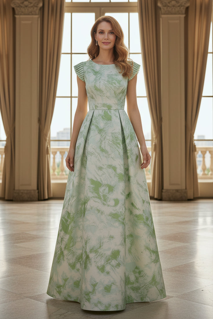 A-Line Gown with Pleated Cap Sleeves and V-Back