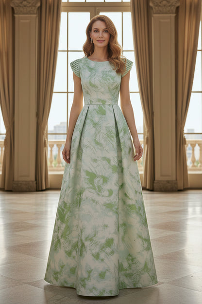 A-Line Gown with Pleated Cap Sleeves and V-Back