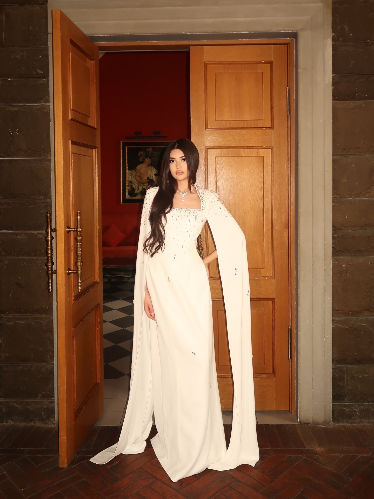 Beaded Square Neck Evening Gown with Cape