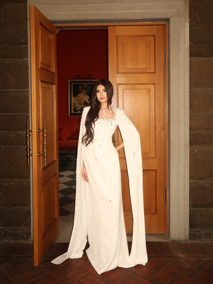 Beaded Square Neck Evening Gown with Cape