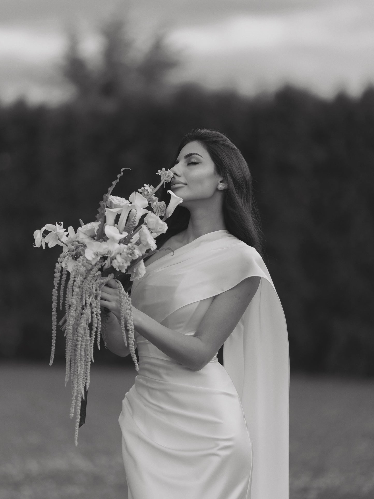 One-Shoulder Satin Wedding Dress with Hooded Shawl