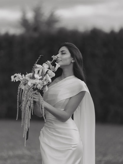 One-Shoulder Satin Wedding Dress with Hooded Shawl