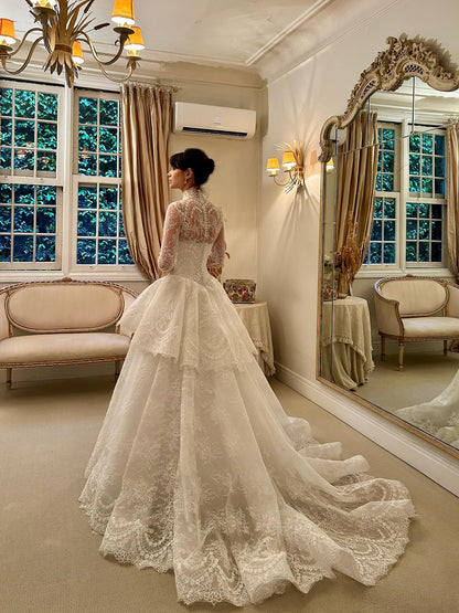 High-Neck Long-Sleeve Tiered Lace Ball Gown Wedding Dress