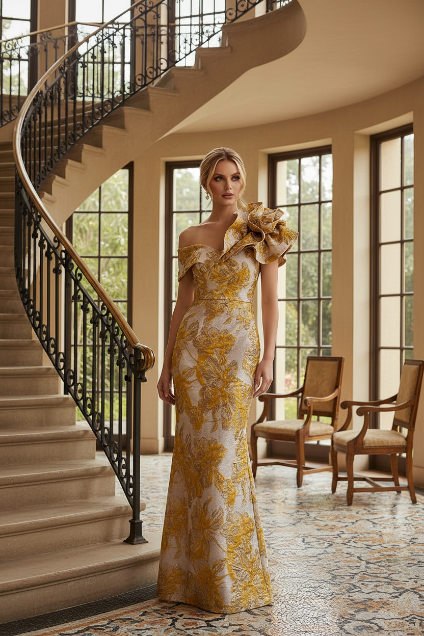 Asymmetrical Ruffle One Shoulder Jacquard Evening Gown