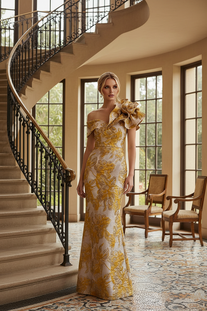 Asymmetrical Ruffle One Shoulder Jacquard Evening Gown