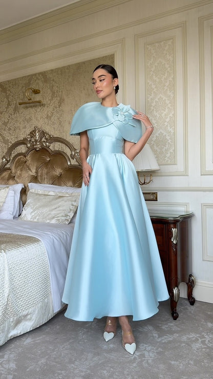 A-Line Satin Midi Dress with Capelet & 3D Floral